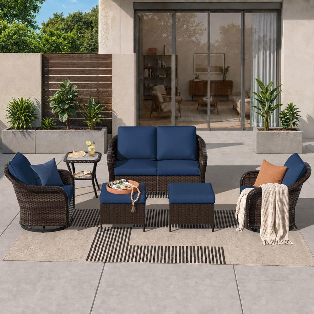 6-Piece Dark Brown Wicker Patio Conversation Sofa Set with Blue Cushions Swivel Rocking Chairs and Ottomans price history on PriceWatchPro