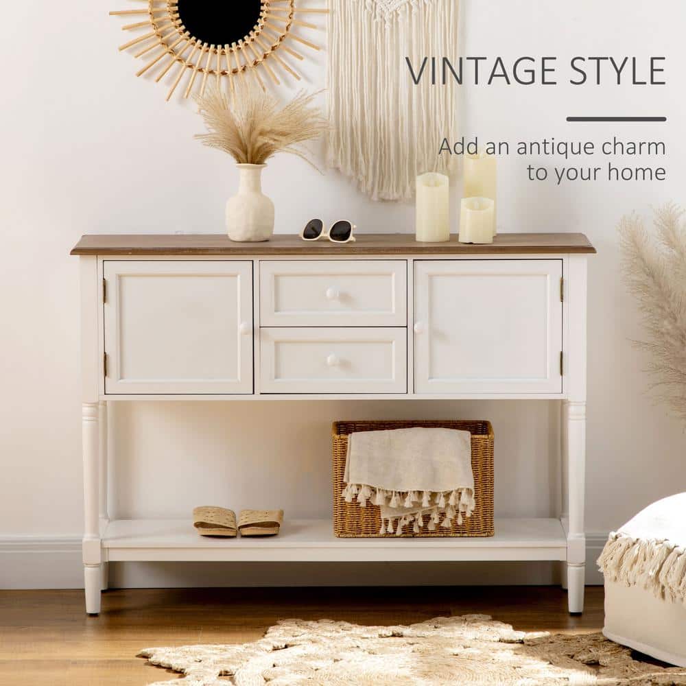 White Wood Console Table with Drawers and Storage Shelf