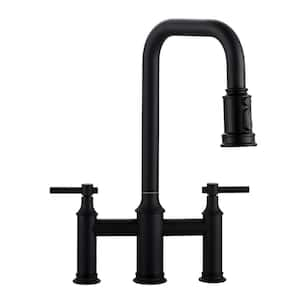 3 Patterns Double Handle Pull Down Bridge Kitchen Faucet with 360° Swivel Spout for 3 Holes in Matte Black