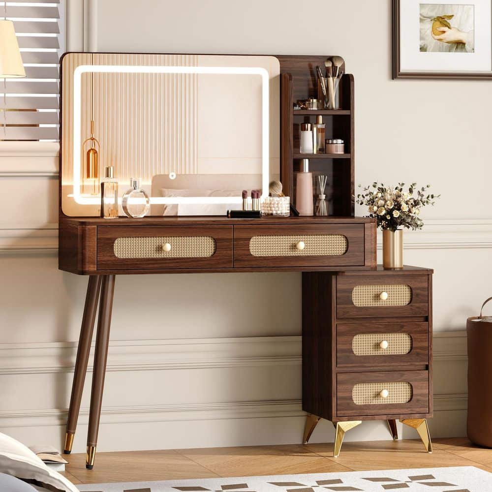 Nestfair Dark Walnut Brown 47.24 in. W Makeup Vanity Dresser with 5 Drawers, Mirror, 3 Color Adjustable Lights and Storage Shelf MUHL968D