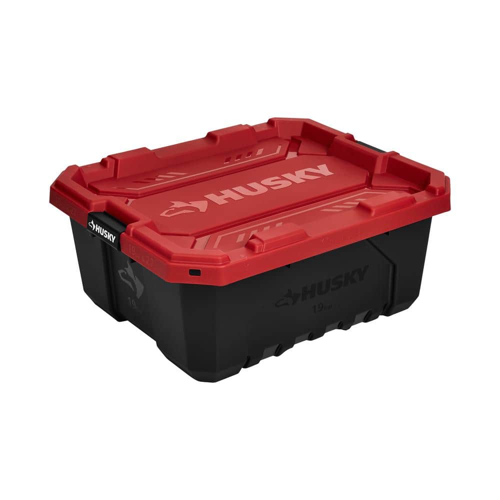 Husky 19 Gal. Pro Grip Storage Tote in Black with Red Lid 999-19G