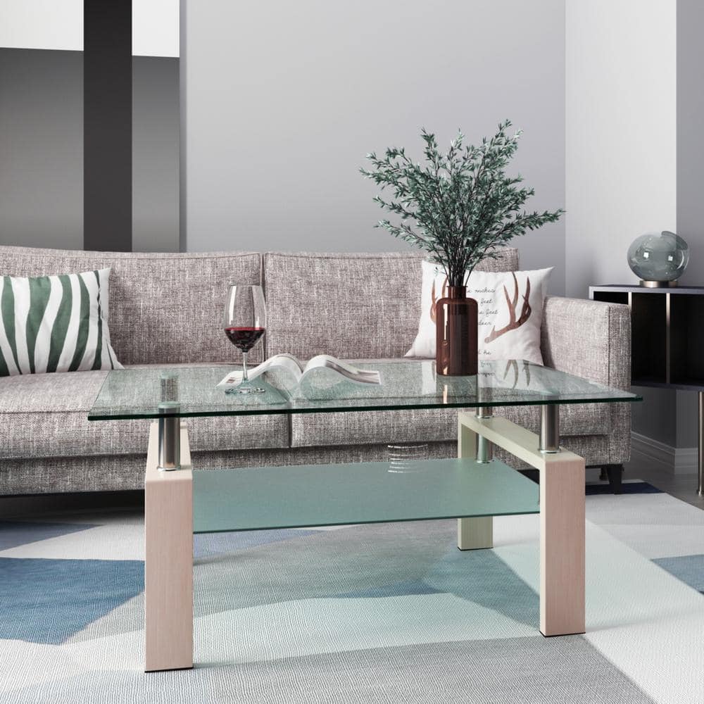 39.37 in. Modern Rectangle Glass Coffee Table with Metal Tube for Living Ro