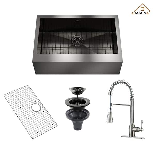 CASAINC 33 in. All-in-One Single Bowl Black Stainless Steel Farmhouse Kitchen Sink with Brushed Nickel Kitchen Faucet