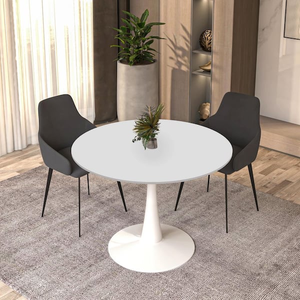 Bristol 40 in. Round Dining Table Modern MDF Wood Tabletop in White Stainless Steel Metal Pedestal Base in White Seats 4