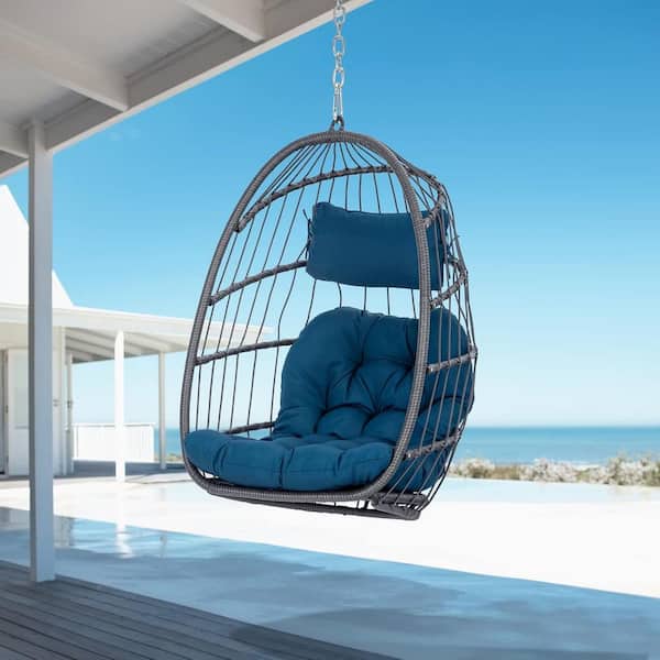 AUTMOON 29.2 in. Aluminum Frame Wicker Rattan Hanging Swing Chair with Teal Blue Cushions (No Stand)