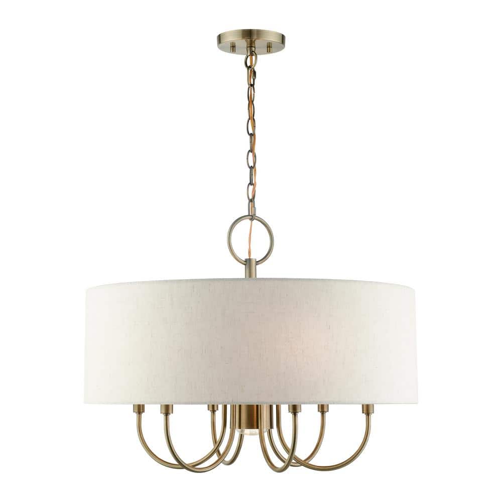 Blossom Antique Brass 7-Light Drum Chandelier with Oatmeal Shade