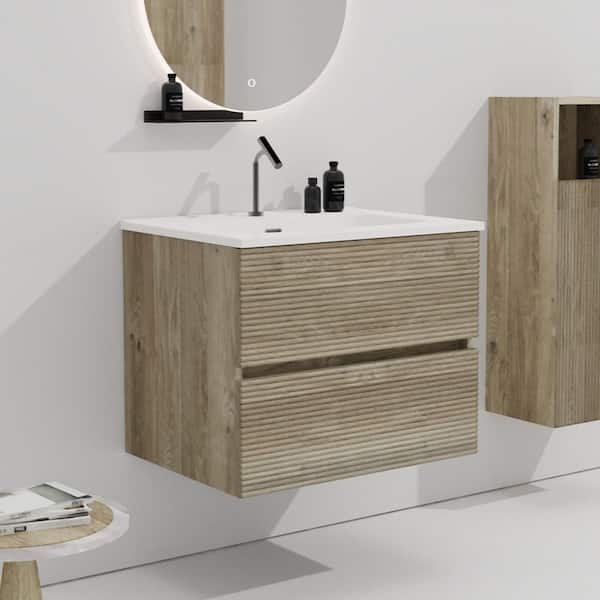 FAMYYT 24 in. Single Sink Floating Natural Oak Bath Vanity with White Ceramic Top, Pre-assembled