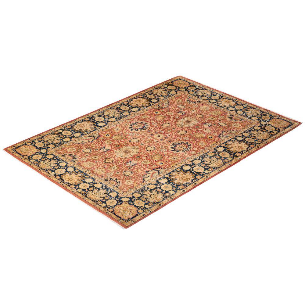 Hand-Knotted Rust and Navy Wool Oriental 8' x 10' Rug
