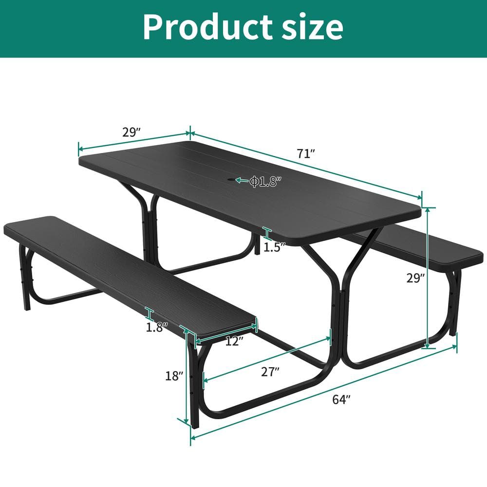 6 ft Black HDPE Outdoor Picnic Table with Stainless Steel Legs