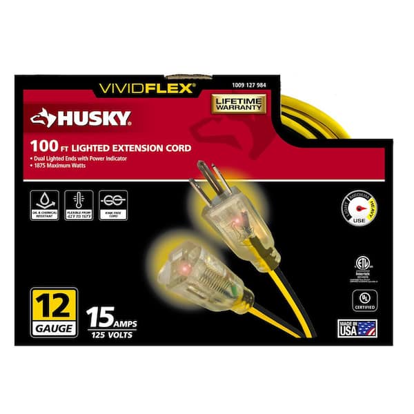 Husky VividFlex 100 ft. 12/3 Heavy Duty Indoor/Outdoor Extension Cord with Lighted End, Yellow