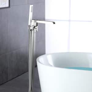 Lilac Freestanding Floor Mount Single Handle Waterfall Tub Filler with Handheld Shower in Brushed Nickel