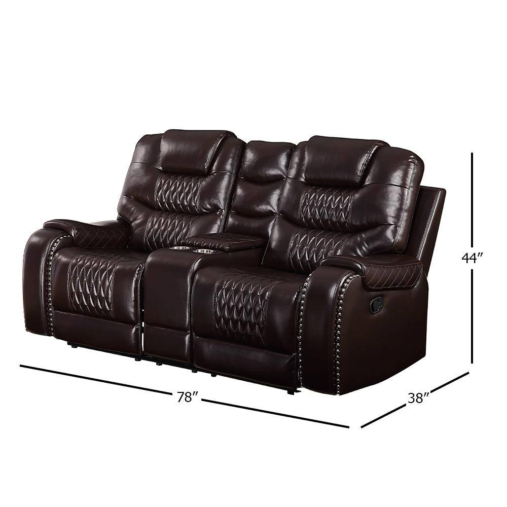 78" Brown Tufted Faux Leather Loveseat with Cup Holders