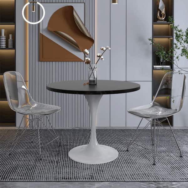 Leisuremod Verve Modern Black Wood 36 in. Tabletop with White Steel Pedestal Base Dining Table 4 Seater