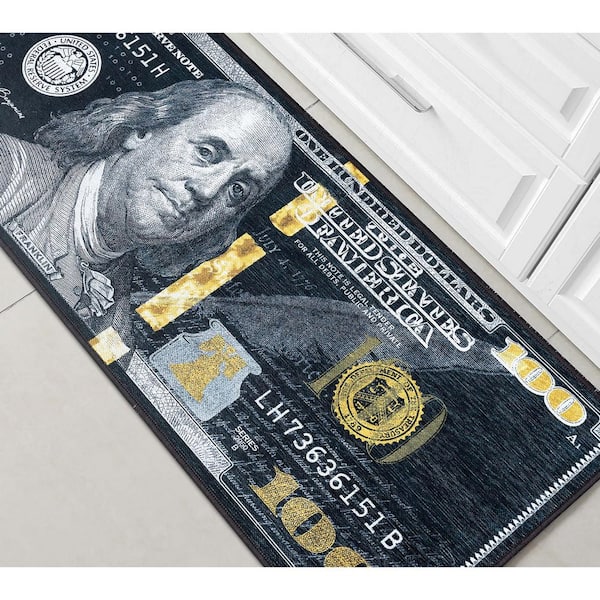 Money Dollar Black Gold 2 ft. x 5 ft. Front Novelty Printed Runner Area Rug