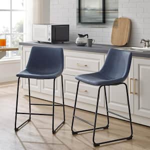 Wasatch 24 in. Navy Blue Low Back Metal Frame Counter Height Bar Stool with Faux Leather Seat (Set of 2)