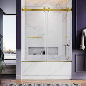 UKD01 56 to 60 in. W x 66 in. H Frameless Double Sliding Bathtub Door in Satin Brass with EnduroShield 3/8" Clear Glass