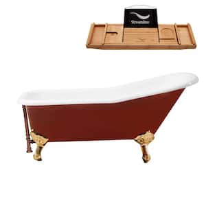 66 in. Cast Iron Clawfoot Non-Whirlpool Bathtub in Glossy Red with Matte Oil Rubbed Bronze Drain, Polished Gold Clawfeet