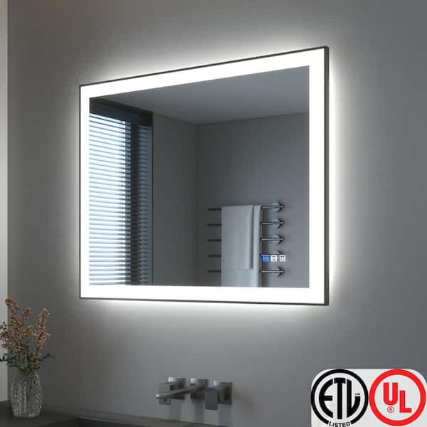 TOOLKISS 40 in. W x 32 in. H Rectangular Framed LED Anti-Fog Wall Bathroom Vanity Mirror in Black with Backlit and Front Light