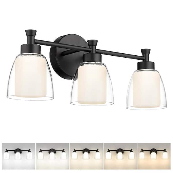 JAZAVA 20.5 in. 3-Light Black Modern 15 W LED Vanity Light with Clear Frosted Glass Shade