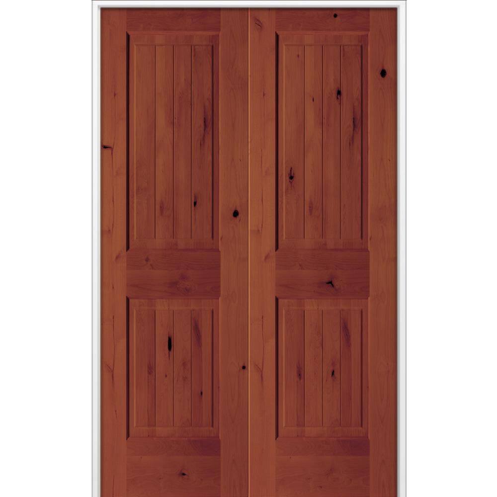 48 in. x 80 in. Knotty Alder 2-Panel V-Groove Solid Wood Both-Active BEHR Amaretto Stain Double Prehung Interior Door price history on PriceWatchPro