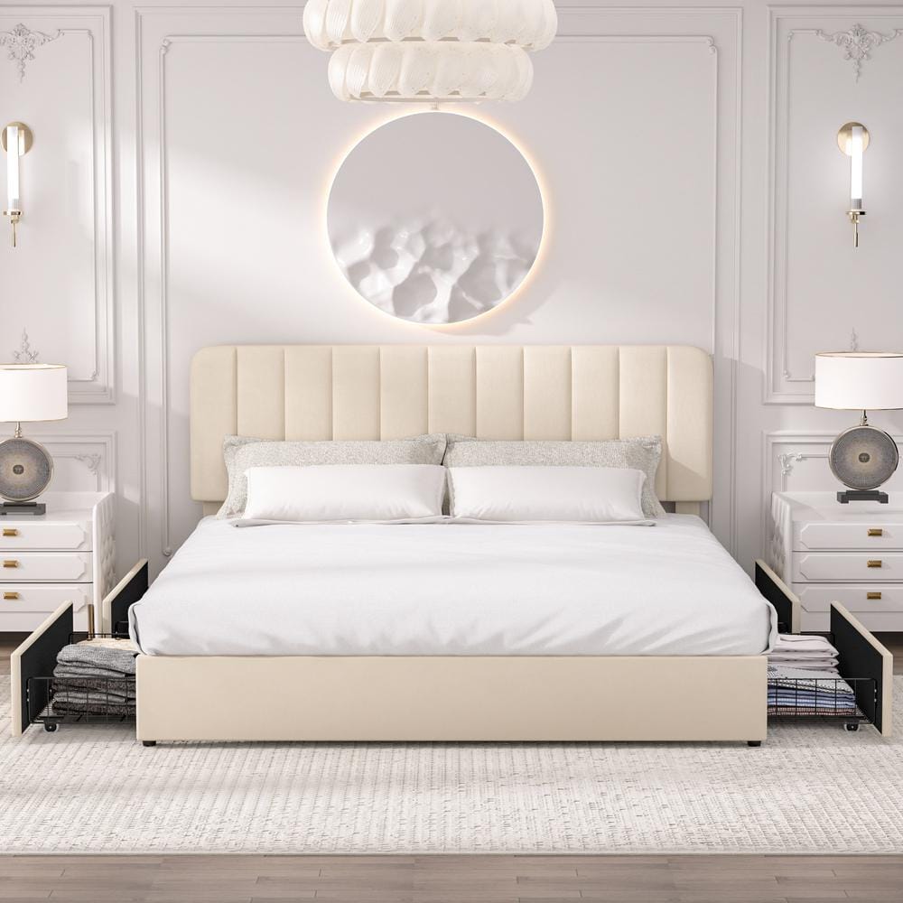 VECELO Platform Storage Bed Beige Metal + Wood Bed Frame King Platform ...