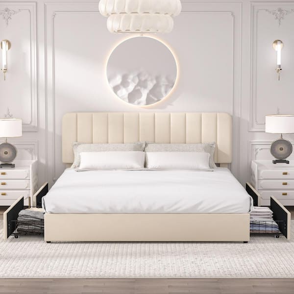 Platform Storage Bed Beige Metal + Wood Bed Frame King Platform Bed with Velvet Upholstered Headboard and 4-Drawers