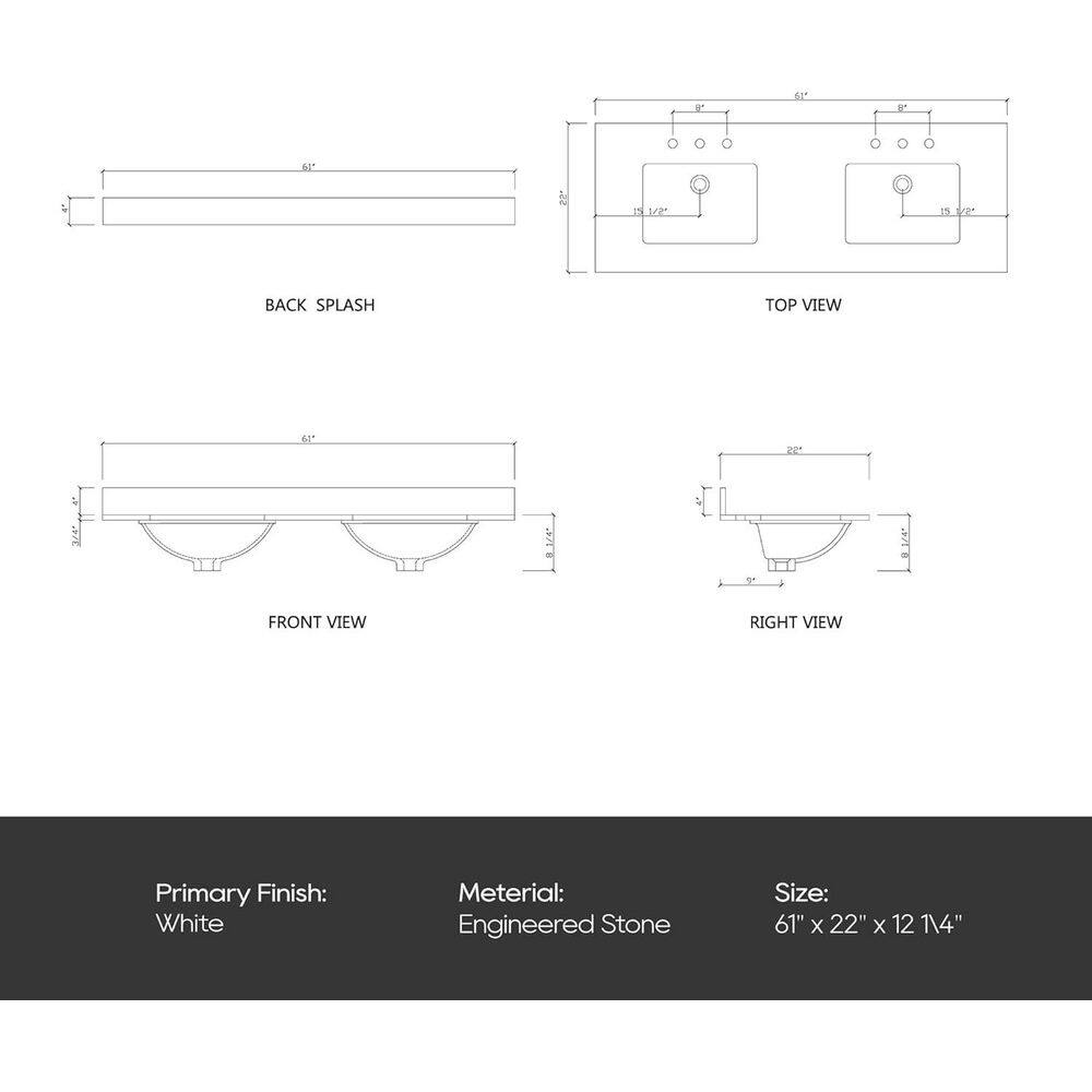 61'' White Engineered Stone Double Sink Vanity Top