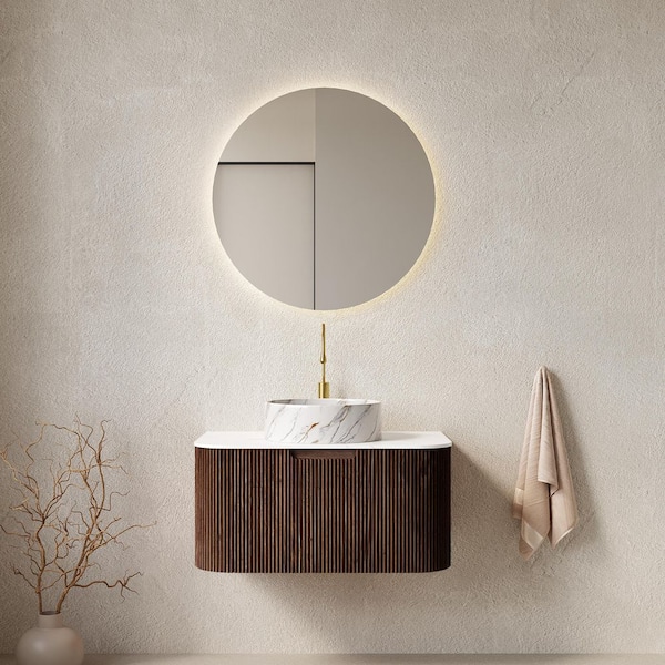 30 in. Wall-Mounted Walnut Bath Vanity with White Engineered Marble Top Pre-Assembled
