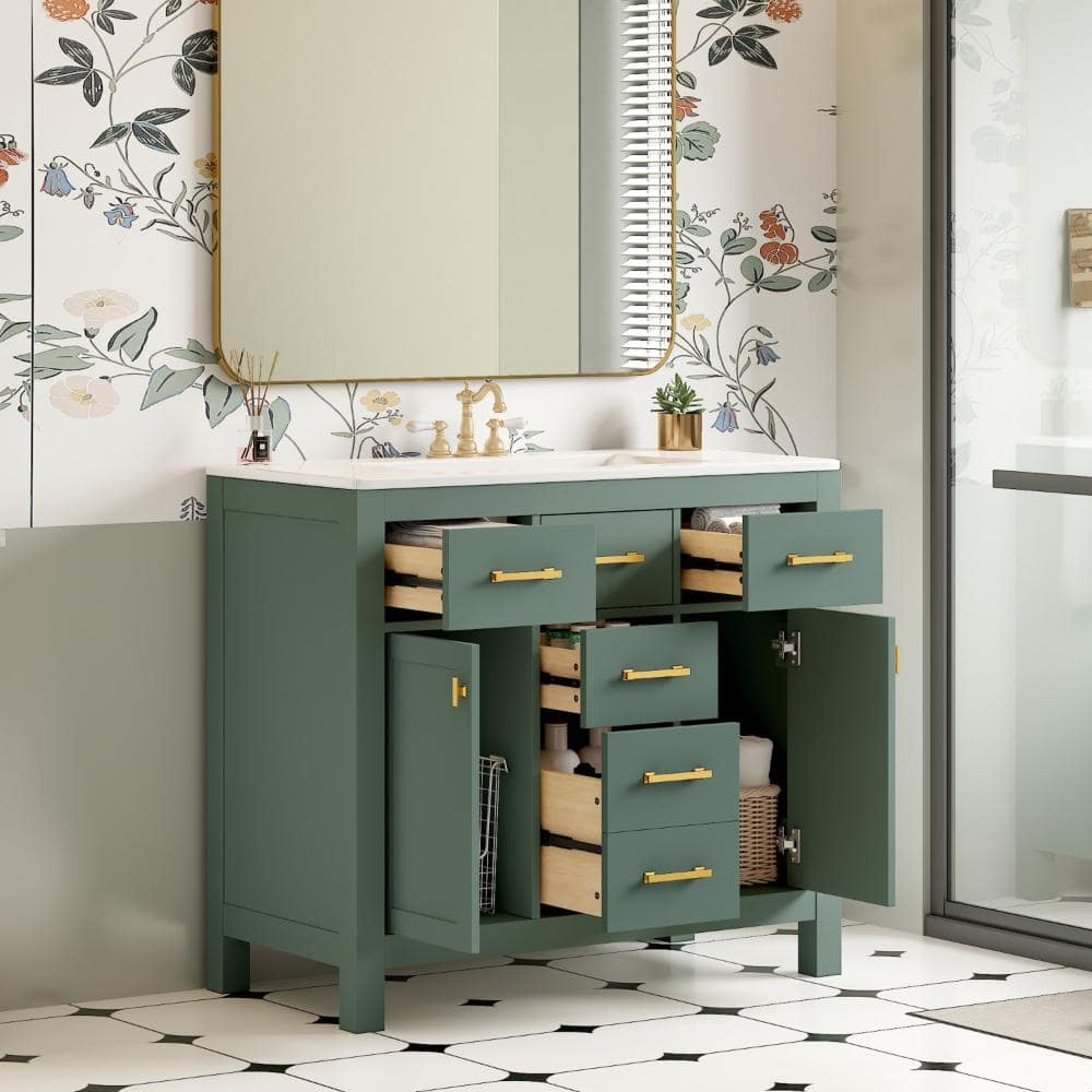 36 in. Bathroom Vanity with Ceramic Sink Combo Set, Solid Wood Frame with 4 Drawers and 2 Cabinets, Green price history on PriceWatchPro