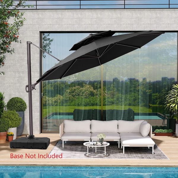 Pellebant Double Top 11.5 ft. Octagon Aluminum Heavy-Duty Rotatable Canopy Cantilever Patio Umbrella in Black with No Base