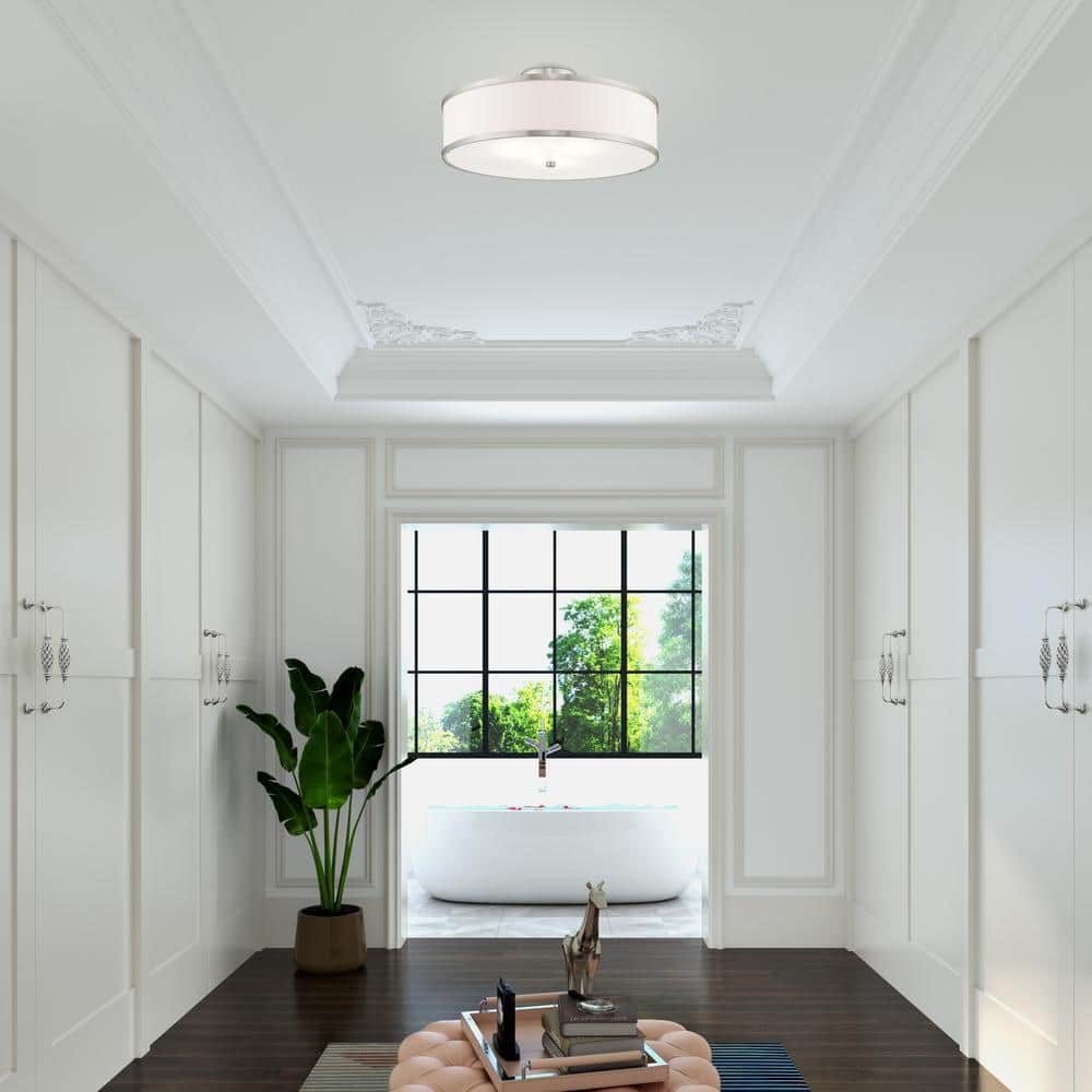 Park Ridge Brushed Nickel 3-Light Semi-Flush Mount with Off-White Shade