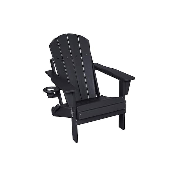 Unbranded Black HDPE Folding Plastic Adirondack Chair with Dual Cup Holder, Patio Lounge Chair with Wood Texture for Lawn Garden