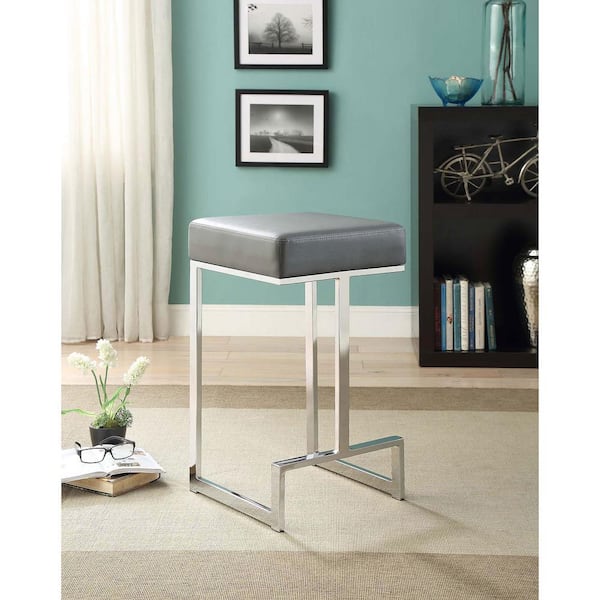Coaster Gervase 25 in. Grey and Chrome Backless Metal Counter Stool with Faux Leather Seat