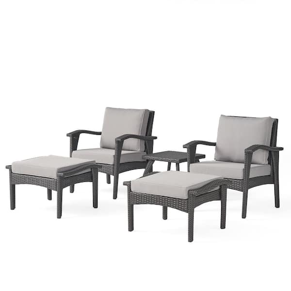 Noble House Honolulu Grey 5-Piece Faux Rattan Patio Conversation Set with Silver Gray Cushions