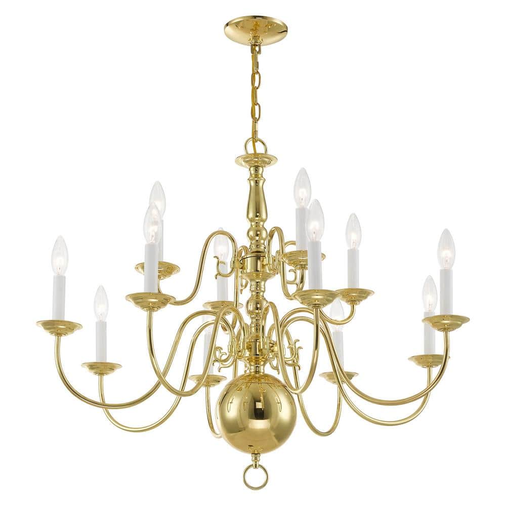 Elegant Colonial 12-Light Polished Brass Chandelier with Candelabra Base