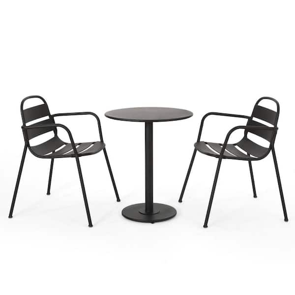 Anky Matte Black 3-Piece Metal 39.75 in. H Round Table Outdoor Bistro Set with 2 Armchairs