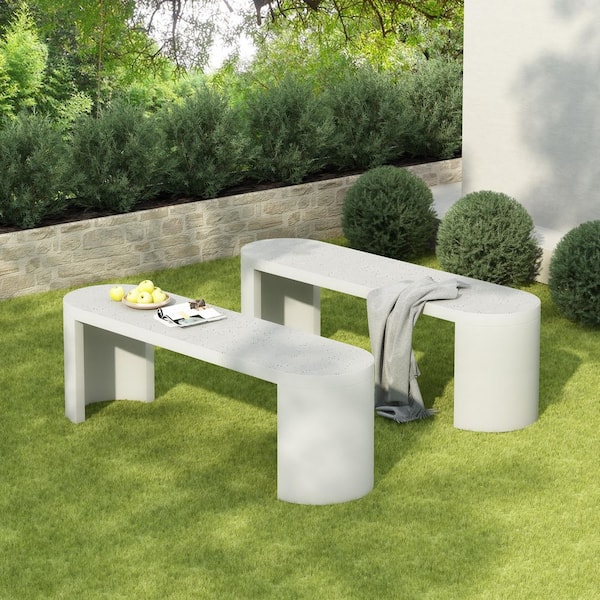 Terrazzo White Stone Concrete Outdoor Dining Bench (Set of 2)