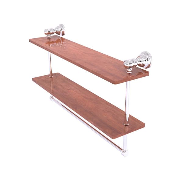 Allied Brass Carolina 22 in. W x 9.5 in. H x 5.54 in. D Brass Rectangular Double Wood Shelf with Towel Bar in Polished Chrome