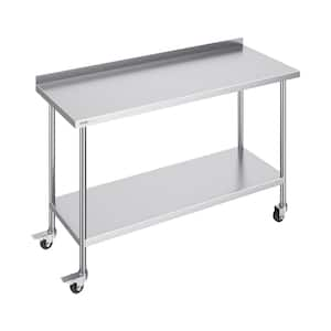 2-4 x 60 x 40 In. Stainless Steel Commercial Kitchen Prep Table with Casters Metal Worktable Adjustable Height Silver