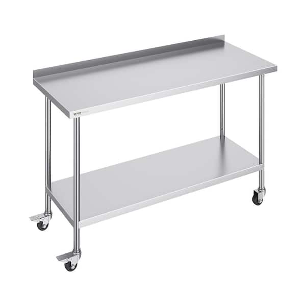 VEVOR 2-4 x 60 x 40 In. Stainless Steel Commercial Kitchen Prep Table with Casters Metal Worktable Adjustable Height Silver