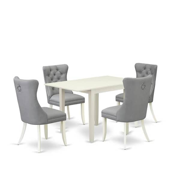 East West Furniture 5-Piece Linen White Finish Solid Wood Top - Rectangular Upholstered Dining Room Set with Dropleaf - Seats 4