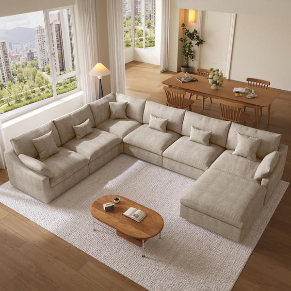 155.9 in. Square Arm 7-Piece Linen Down Modular Free Combination Sectional Sofa with Ottoman, Removable Covers in Brown