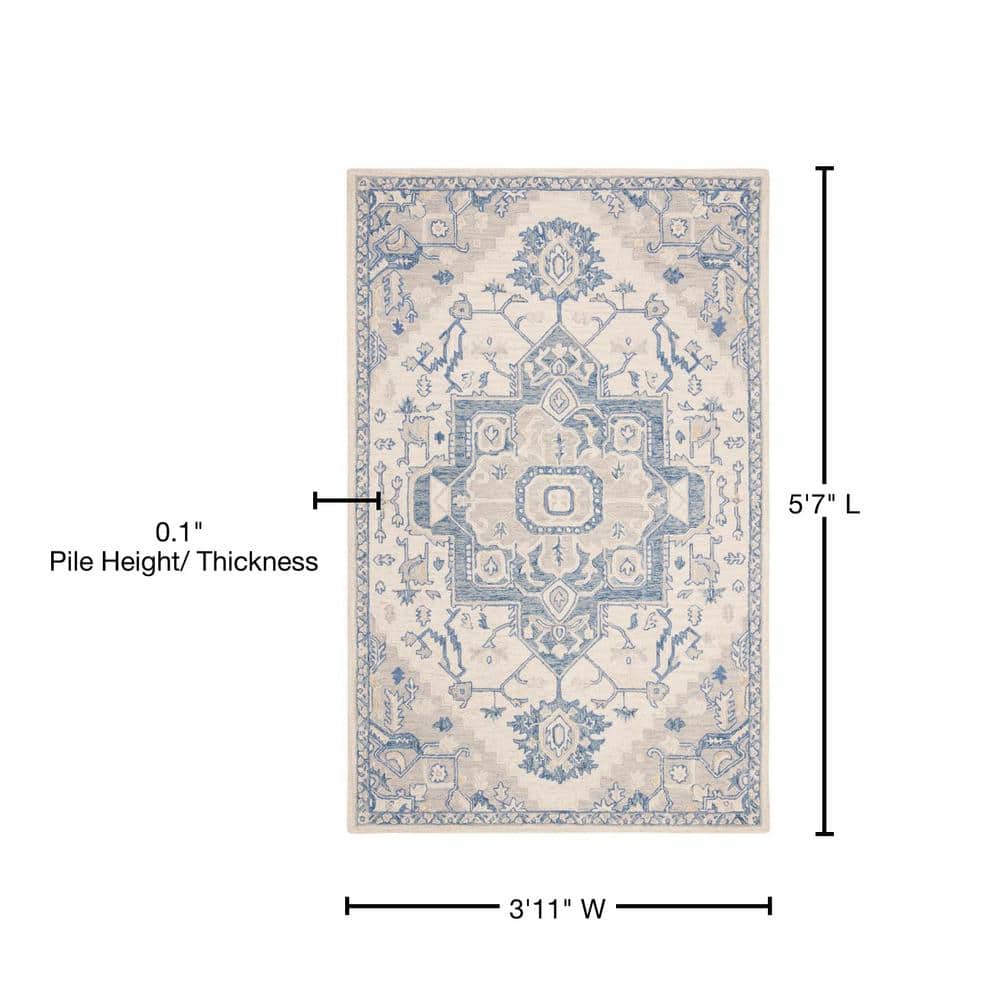 Ivory and Blue Handmade Wool Round Tufted Rug