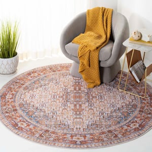 Tucson Beige/Rust 6 ft. x 6 ft. Machine Washable Floral Border Distressed Geometric Round Area Rug