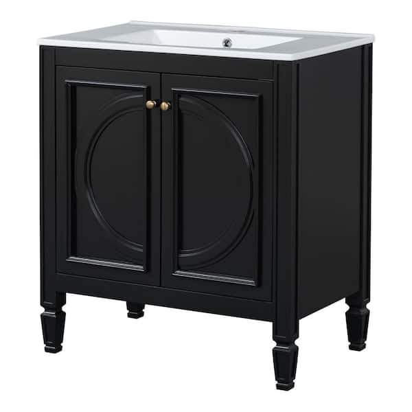 30 in. Freestanding Black Bath Vanity with White Ceramic Top Sink and Two Doors, Shelf