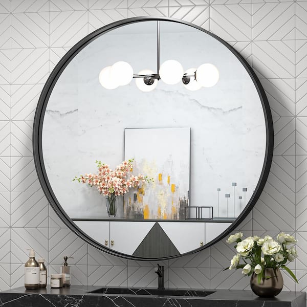 TETOTE 30 in. W x 30 in. H Medium Round Metal Framed Modern Wall Mounted Bathroom Vanity Mirror in Matte Black