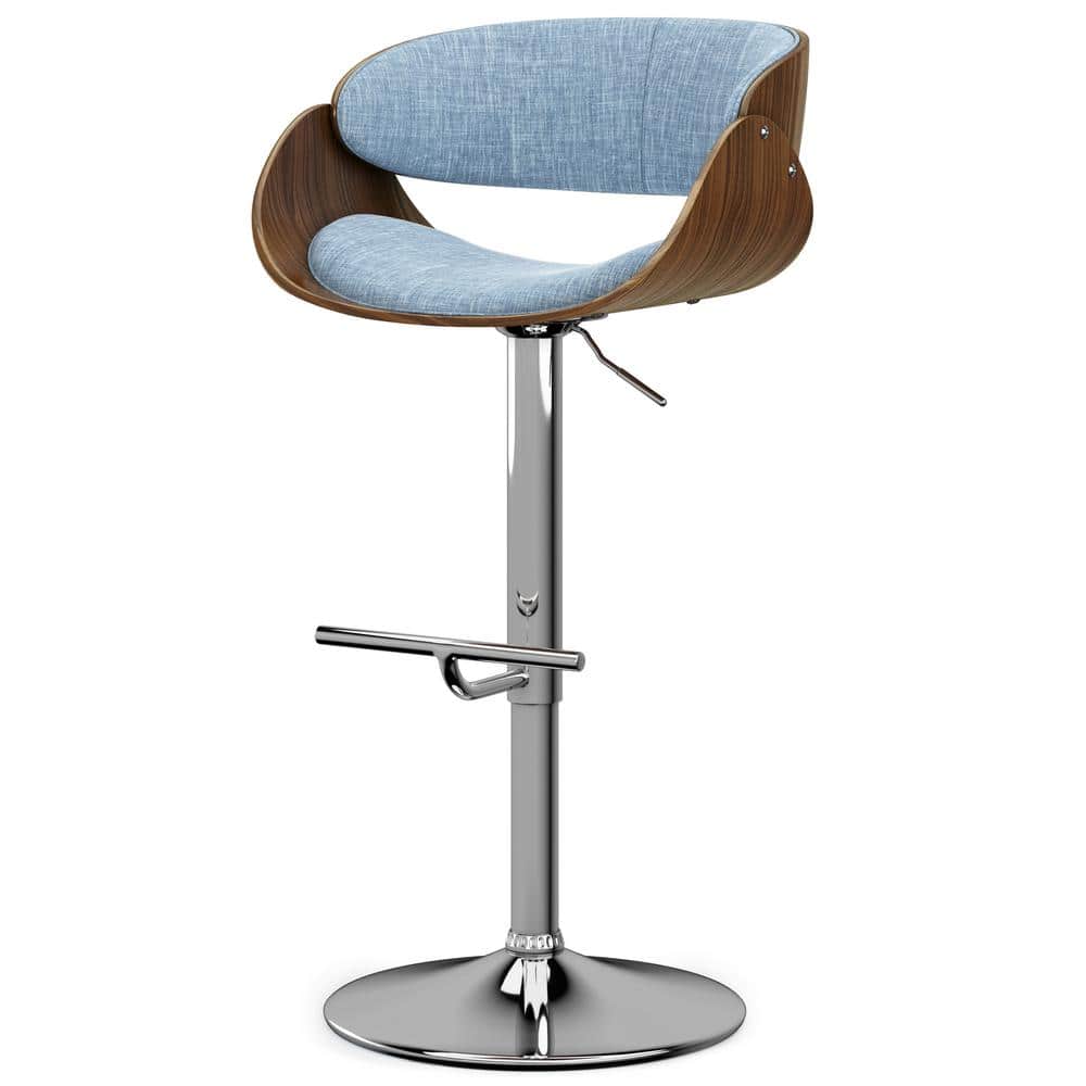 Denim Blue Adjustable Swivel Bar Stool with Walnut Veneer
