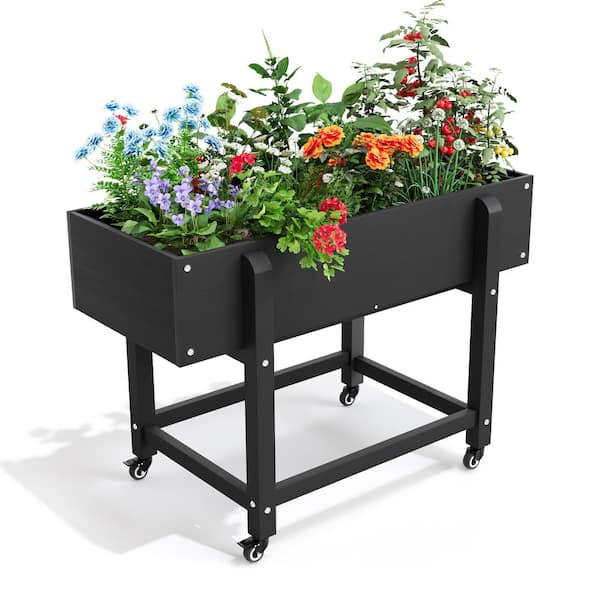 LUE BONA 39 in.x 16.7 in.x 28 in. Black Plastic Mobile Elevated Garden Beds with Lockable Wheels, Liner