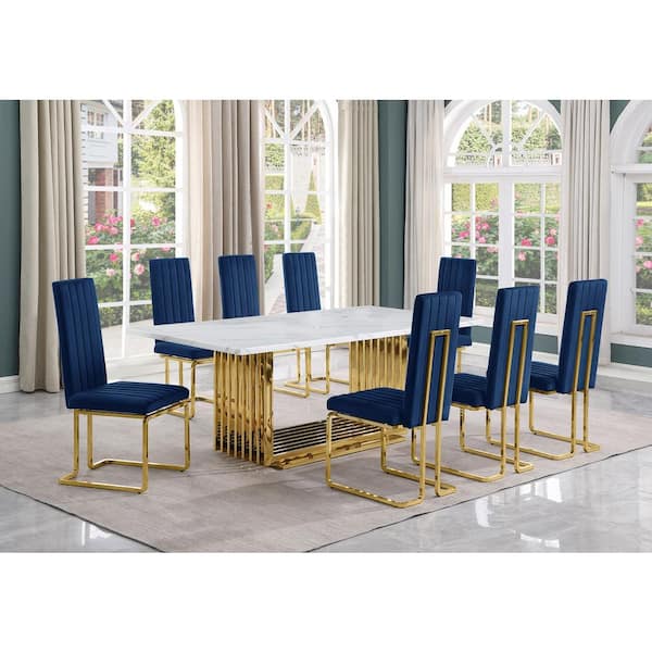 Best Quality Furniture Lisa 9-Piece Rectangle White Marble Top Gold Stainless Steel Dining Set With 8-Navy Blue Velvet Gold Chrome Iron Chairs