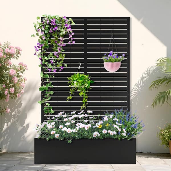 47 in. x 16 in. x 71 in. Black Metal Raised Garden Planter Box with Trellis for Climbing Plants & Cucumbers